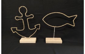Decorazione juta su base legno e luce led.(Pesce 30x30cm) (Ancora 28x36cm)
