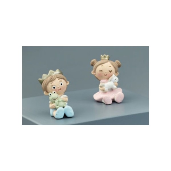 Principessa e principe con unicorno o ranocchio in resina. CM 5