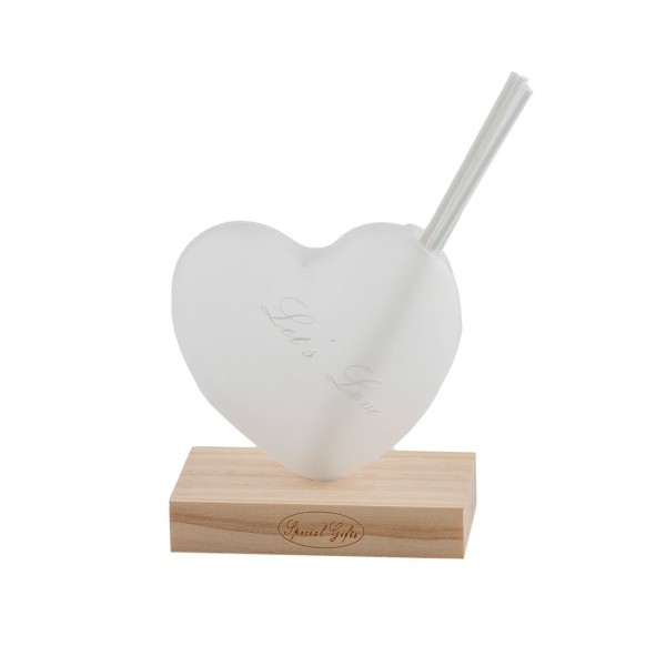 Profumatore cuore vetro con luce LED e base legno. CM 10