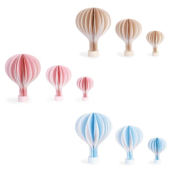 Set 3 mongolfiere in carta con base legno rosa, azzurro e beige. H.24 -35- 46