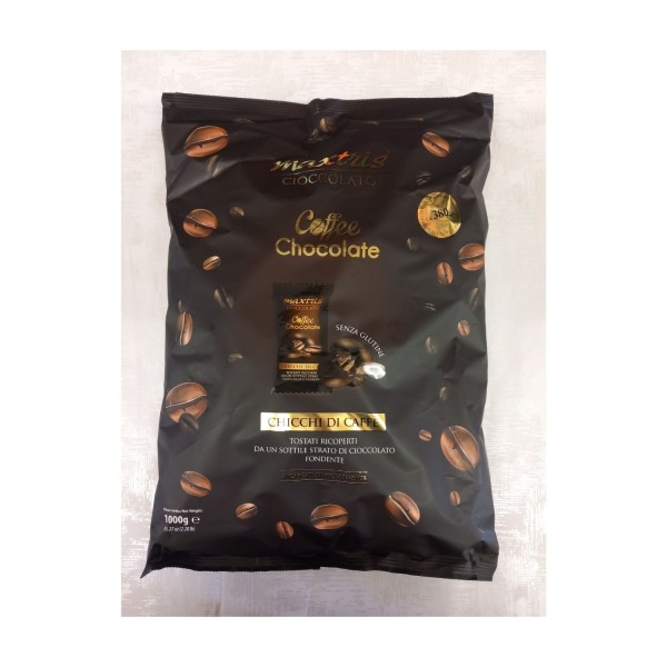 Chicco di caffè tostato ricoperto da uno strato di cioccolato fondente, incartati singolarmente. KG 1 PZ.380