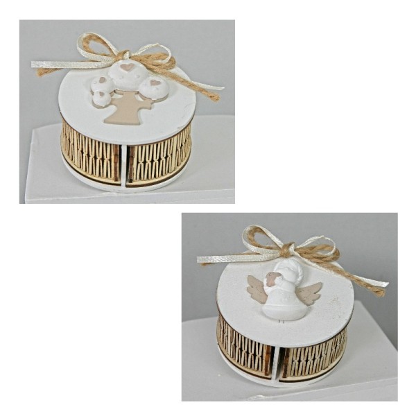Scatola legno bicolore con applicazione gesso e fiocco.Mis.7x3,8 cm