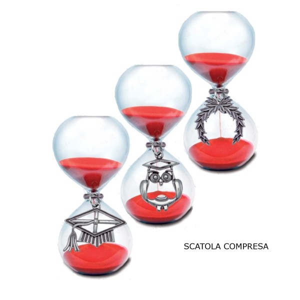 Clessidra sabbia rossa con ciondolo ottone ricoperto in argento e scatola.Mis.15cm MADE IN ITALY