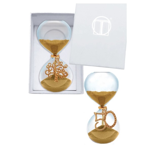 Clessidra sabbia oro con ciondolo ottone ricoperto in oro e scatola.H 15 MADE IN ITALY