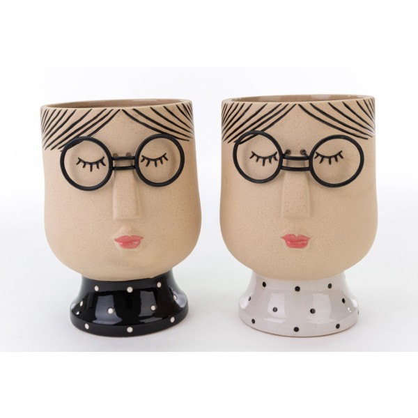 Vasetto ceramica decoro viso con occhiali. Ass.2 Mis15,5x14,5 H21cm