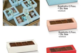 Scatola per degustazione confetti a 4 scomparti con interno oro ed esterno pvc. CM 12x5 H 3