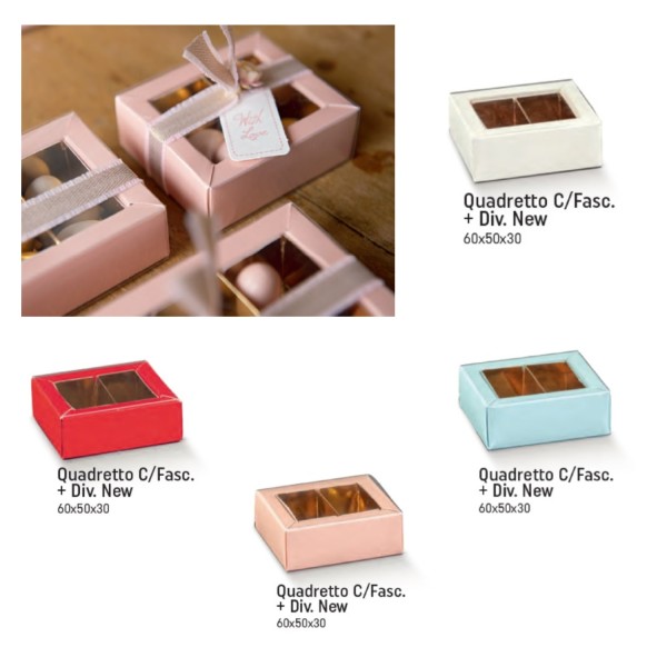 Scatola per degustazione confetti a due scomparti con interno oro ed esterno pvc. CM 6x5 H 3
