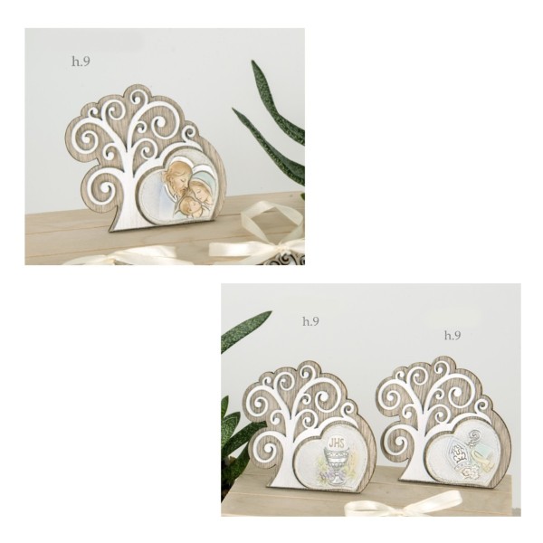 Icona resina tipo legno con albero e inserto a cuore H12 cm