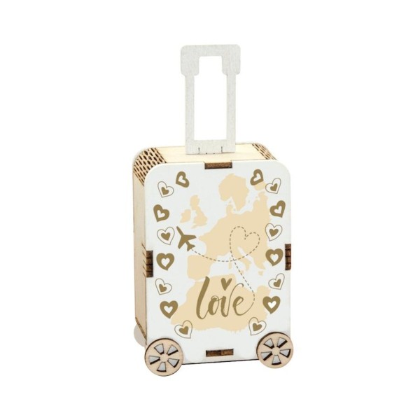 Scatola portaconfetti in legno a forma di valigia con decori viaggio LOve. Parte contenitiva: CM 7,5x5 H 3