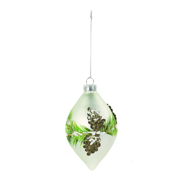 Goccia in vetro da appendere con decori pino e pigne. CM 13