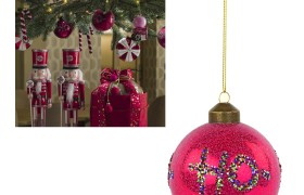 Palla natalizia in vetro con scritta glitter "Ho-Ho-Ho". Diam. 8