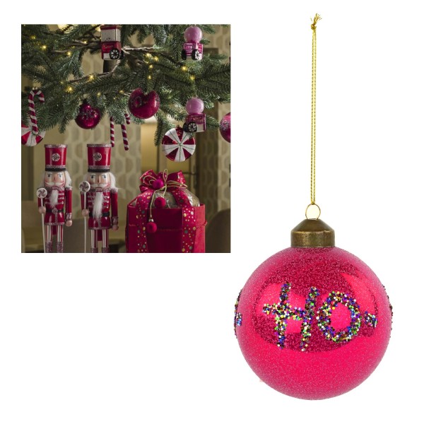 Palla natalizia in vetro con scritta glitter "Ho-Ho-Ho". Diam. 8