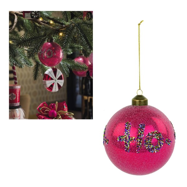 Palla natalizia in vetro con scritta glitter "Ho-Ho-Ho". Diam. 10
