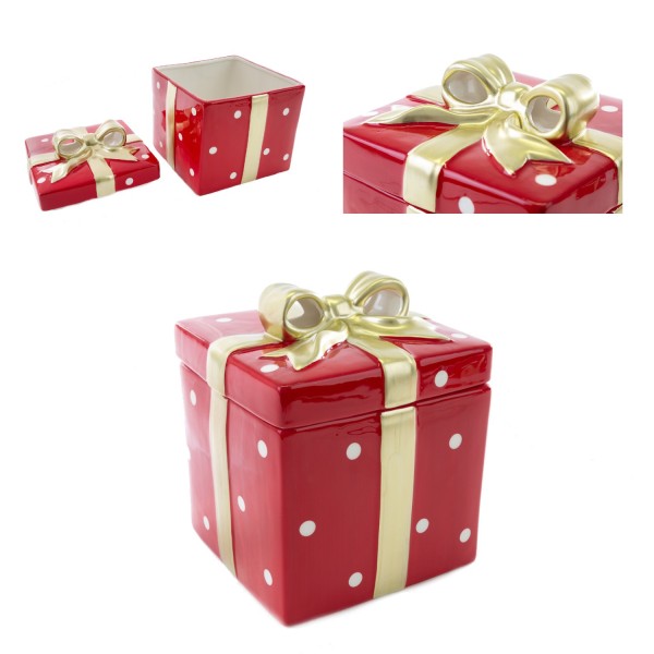 Scatola in porcellana a forma di pacco regalo. CM 15.5x15.5 H 20