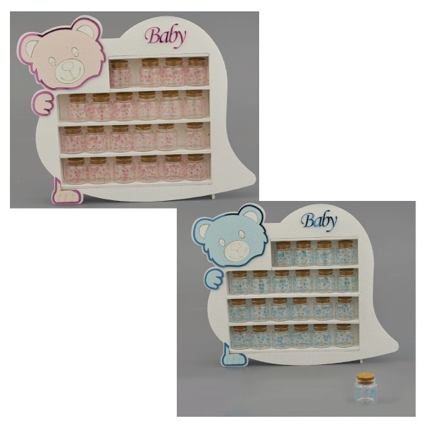 Set 24 barattoli vetro con dettagli baby e mobiletto legno forma orsetto. CM 39x48
