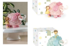 Salvadanaio in resina Mammuth rosa o azzurro con bimba o bimbo. CM 18x12