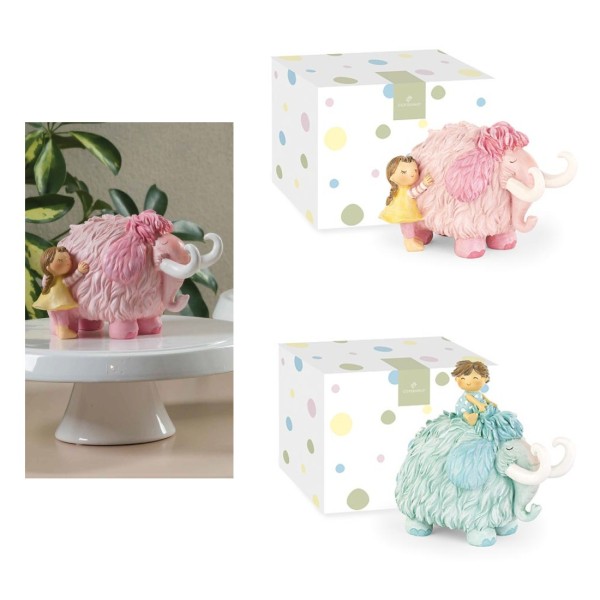Salvadanaio in resina Mammuth rosa o azzurro con bimba o bimbo. CM 18x12