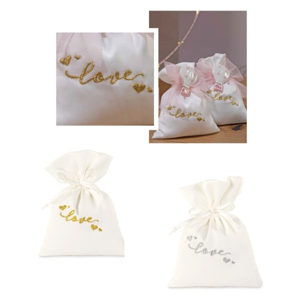 Sacchetto in raso con ricamo oro o argento "Love". CM 10x14