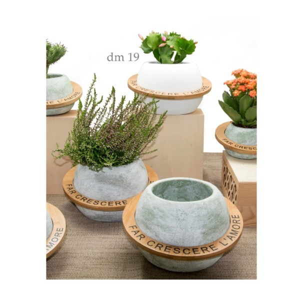 Vaso portapiante in ceramica e legno con frase. Ass 3 colori. h14 diam.19