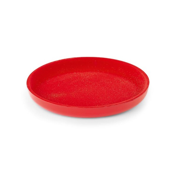 Piatto con interno floccato rosso con glitter oro. Diam. 40