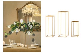 Set 3 basi a forma di parallelepipedo con piatto color oro. CM 22x22 H 55 / CM 30x30 H 90