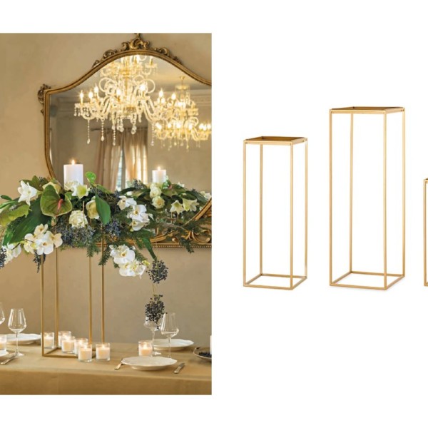 Set 3 basi a forma di parallelepipedo con piatto color oro. CM 22x22 H 55 / CM 30x30 H 90