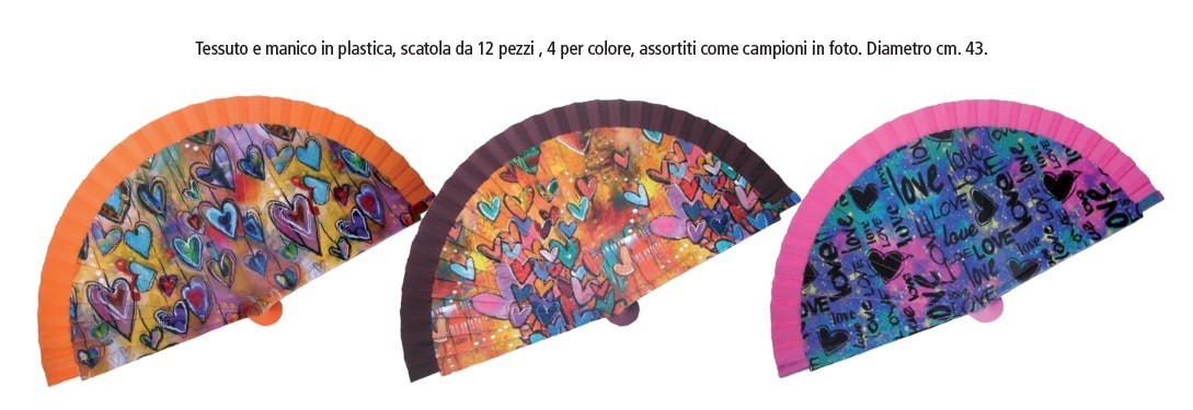 Ventagli in tessuto con manico in plastica.Assortiti come da foto. Diam.CM 43