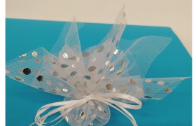 Quadrato doppio velo tulle pois argento con tirante. CM 23x23