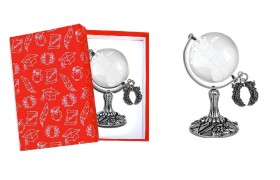 Globo vetro con base ottone bagno argento con ciondolo corona alloro e scatola. MADE IN ITALY