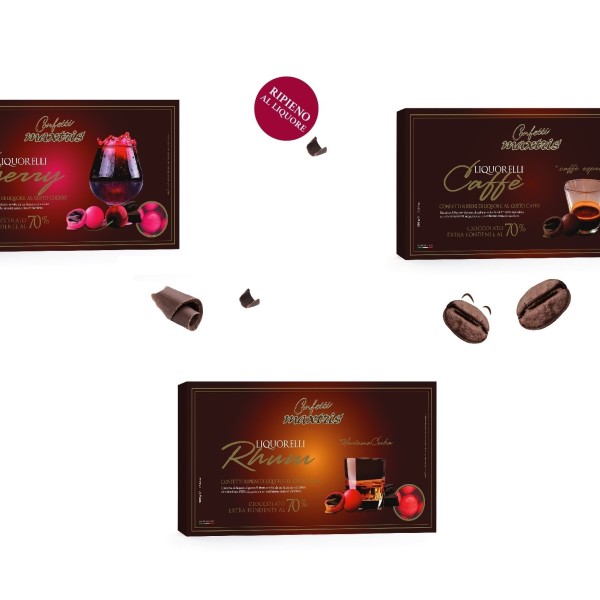 Confetti al cioccolato extra fondente (70% cacao) ripieni di liquore. GR 500