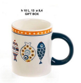 Tazza mug ceramica con decoro pesci, con scatola. CM 10