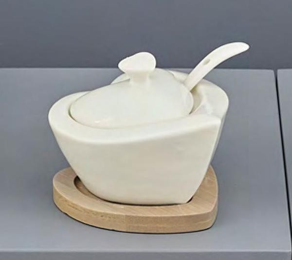 Zuccheriera ceramica bianca con base legno.