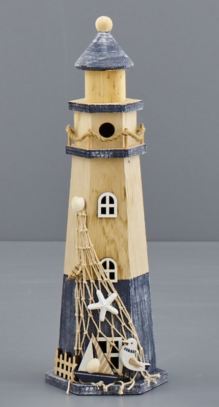 Faro legno naturale, con decorazioni marinare. CM 12x10 H 36