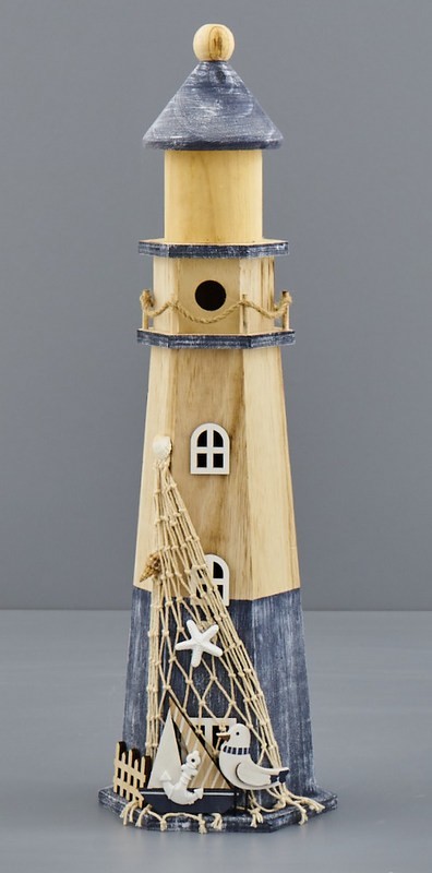 Faro legno naturale, con decorazioni marinare. CM 16x14 H 52
