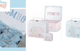Set 9 valigette metallo con Dumbo rosa o azzurre. Grande:CM 20x16 H 8 Piccola:CM 8x7 H 4
