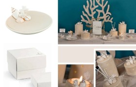 Piattino con decoro conchiglie, completo di pvc portaconfetti e scatola. Diam.11