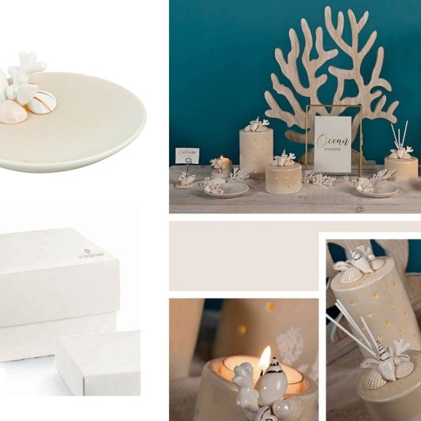 Piattino con decoro conchiglie, completo di pvc portaconfetti e scatola. Diam.11
