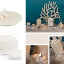 Piattino con decoro conchiglie, completo di pvc portaconfetti e scatola. Diam.11