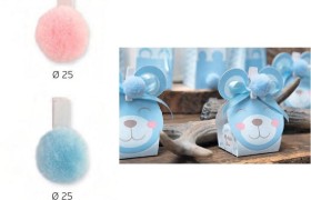 Set 12 mollette legno con pon pon rosa o azzurro. Diam 2.5