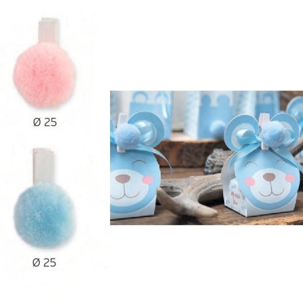 Set 12 mollette legno con pon pon rosa o azzurro. Diam 2.5