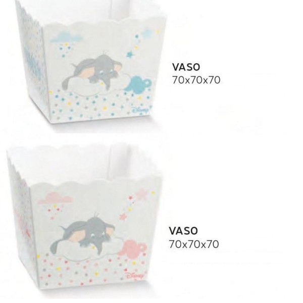 Vassoio porta confetti quadrato cartoncino con decoro Dumbo rosa o azzurro DISNEY. CM 7x7 H 7
