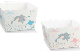 Vassoio porta confetti quadrato cartoncino con decoro Dumbo rosa o azzurro DISNEY. CM 16.5x16.5 H 12