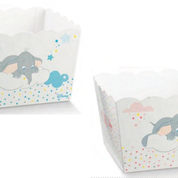 Vassoio porta confetti quadrato cartoncino con decoro Dumbo rosa o azzurro DISNEY. CM 16.5x16.5 H 12