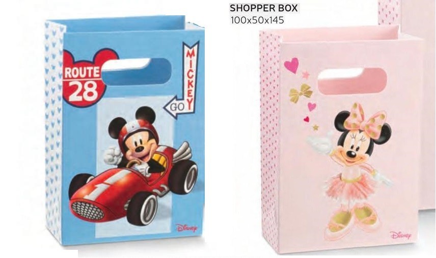 Shopper cartoncino con decoro MIckey Mouse e Minnie. CM 10x5 H 14.5