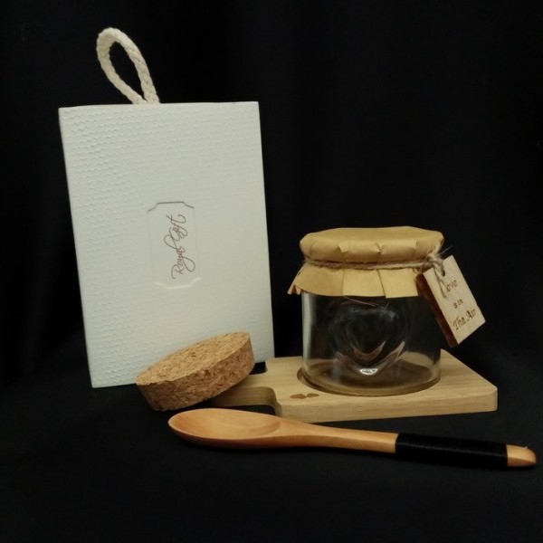 Set barattolo con cucchiaino legno e tappo sughero. CM 12 con scatola