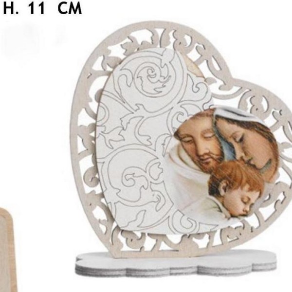 Cuore legno con Sacra Famiglia e traforo. H 11