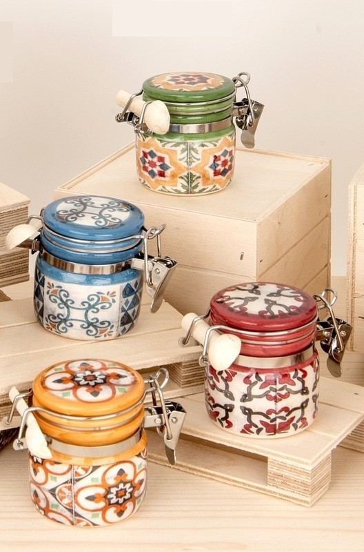 Barattolo ceramica con colori e decori maioliche. Ass 4. H 6