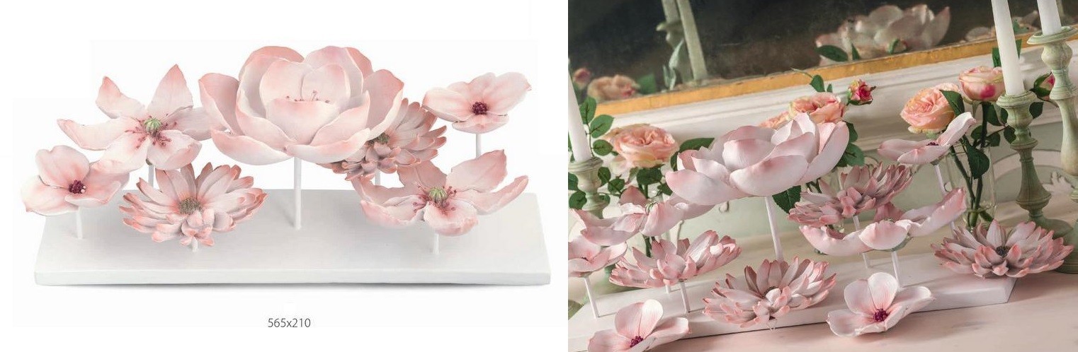 Base con fiori rosa da allestimento. CM 56.5x21