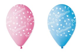 Set 10 palloncini rosa o azzurri in lattice con decoro battesimo, adatti per gonfiaggio ad elio o ad aria. CM 30