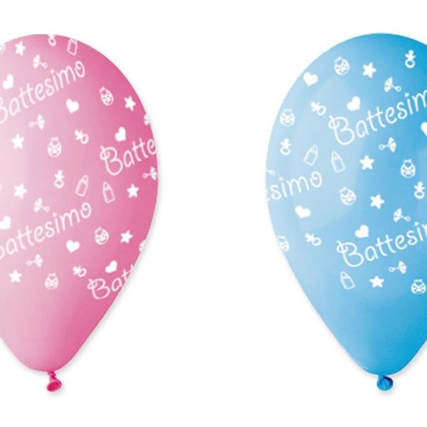 Set 100 palloncini rosa o azzurri in lattice con decoro battesimo, adatti per gonfiaggio ad elio o ad aria. CM 30